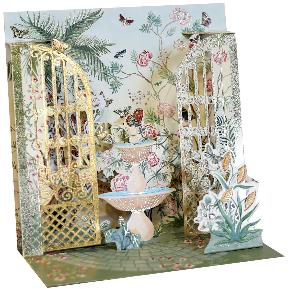 Large pop-up garden scene card by Pictura, featuring colorful floral and nature elements in a detailed 3D design.
